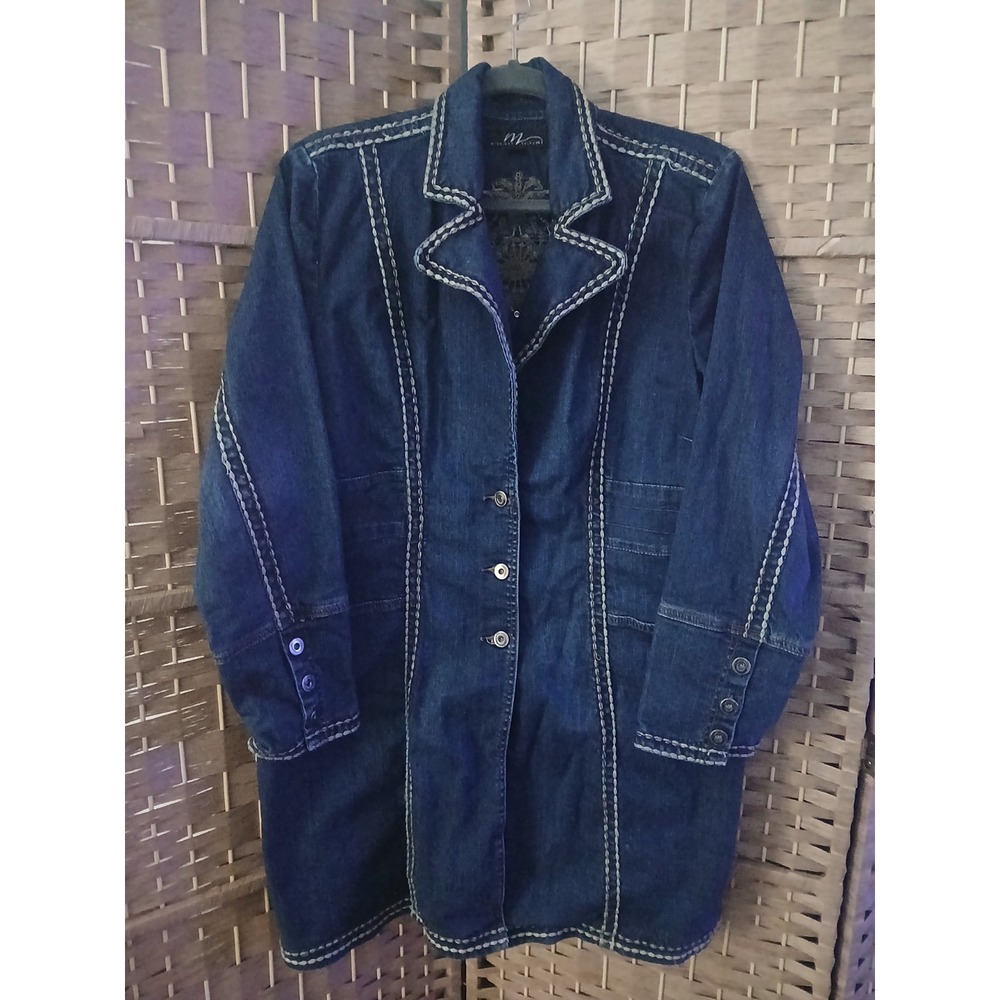 Midnight Velvet Women's Long Denim Embroidered Jacket Sz XL Rhinestones